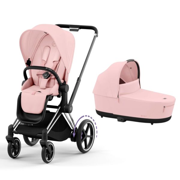 Poussette duo e-Priam 2 Peach Pink châssis Chrome Black + Nacelle Luxe