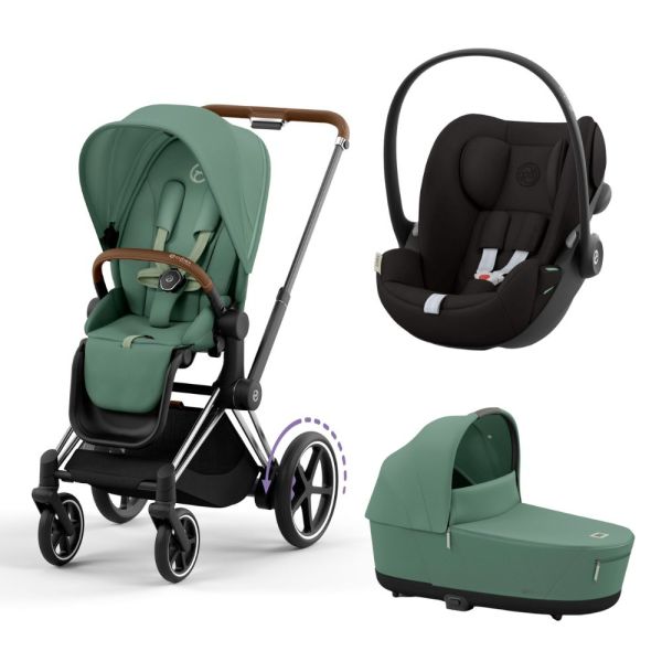 Poussette trio e-Priam 2 Leaf Green châssis Chrome Brown + Cloud G i-Size + Nacelle