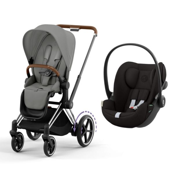Poussette duo e-Priam 2 Mirage Grey châssis Chrome Brown + Cloud G i-Size