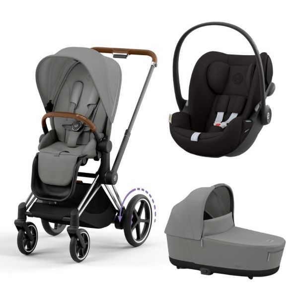 Poussette trio e-Priam 2 Mirage Grey châssis Chrome Brown + Cloud G i-Size + Nacelle
