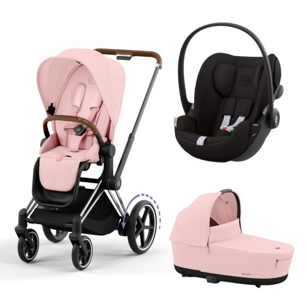 Poussette trio e-Priam 2 Peach Pink châssis Chrome Brown + Cloud G i-Size + Nacelle