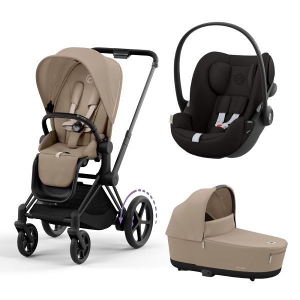 Poussette trio e-Priam 2 Cozy Beige châssis Matt Black + Cloud G i-Size + Nacelle