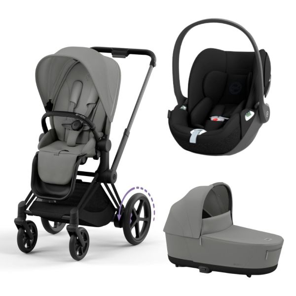 Poussette trio e-Priam 2 Mirage Grey châssis Matt Black + Cloud T i-Size + Nacelle
