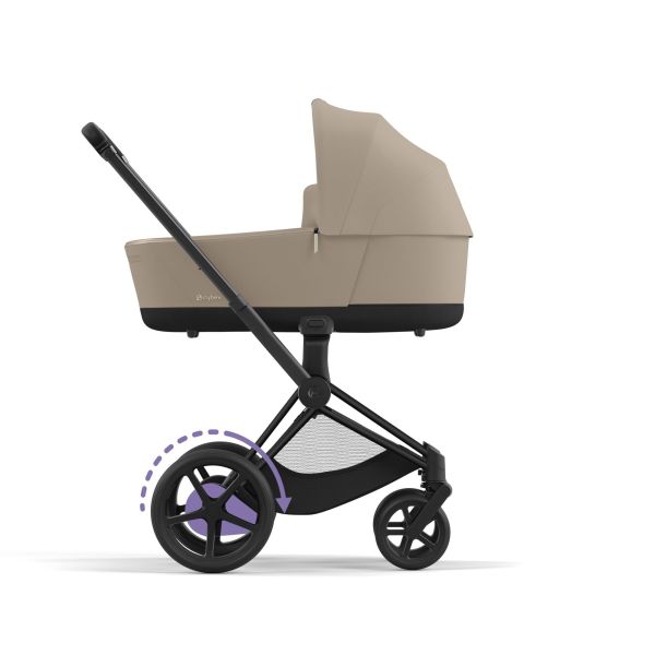 Poussette duo e-Priam 2 Cozy Beige châssis Matt Black + Nacelle Luxe