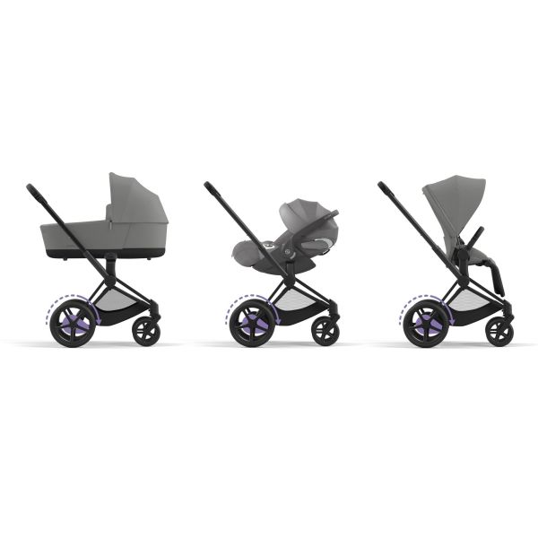 Poussette duo e-Priam 2 Mirage Grey châssis Matt Black + Nacelle Luxe