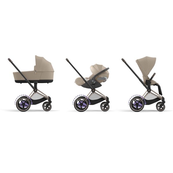 Poussette duo e-Priam 2 Cozy Beige châssis Rose Gold + Nacelle Luxe