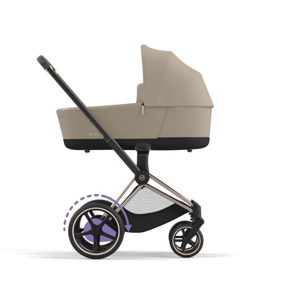 Poussette duo e-Priam 2 Cozy Beige châssis Rose Gold + Nacelle Luxe