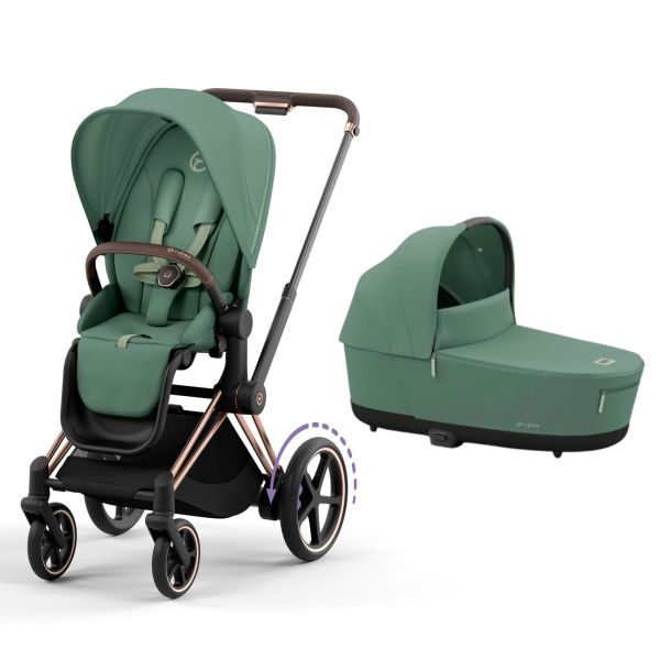 Poussette duo e-Priam 2 Leaf Green châssis Rose Gold + Nacelle Luxe