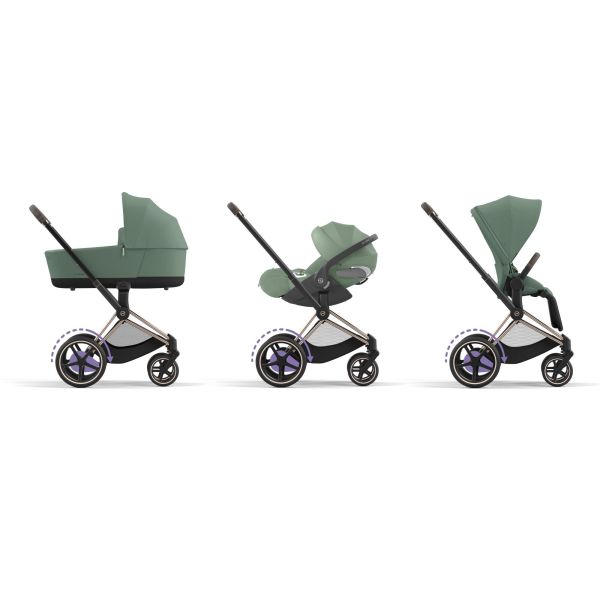 Poussette duo e-Priam 2 Leaf Green châssis Rose Gold + Nacelle Luxe