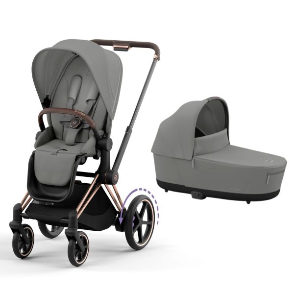 Poussette duo e-Priam 2 Mirage Grey châssis Rose Gold + Nacelle Luxe