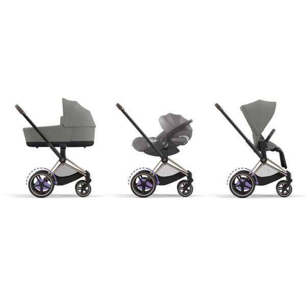 Poussette duo e-Priam 2 Mirage Grey châssis Rose Gold + Nacelle Luxe