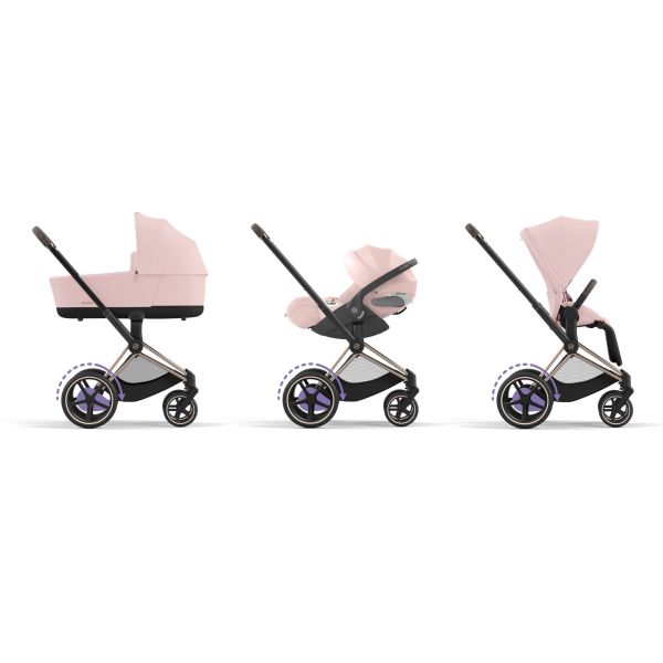 Poussette duo e-Priam 2 Peach Pink châssis Rose Gold + Nacelle Luxe
