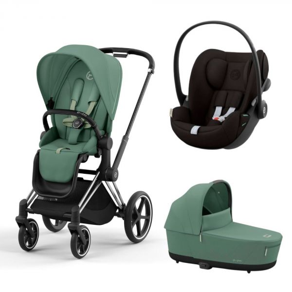 Poussette trio Priam 4 Leaf Green châssis Chrome Black + Cloud G i-Size + Nacelle Luxe
