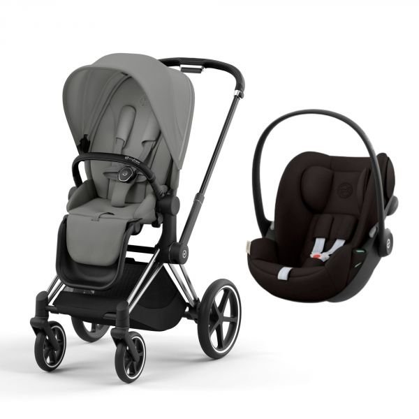 Poussette duo Priam 4 Mirage Grey châssis Chrome Black + Siège auto Cloud G i-Size