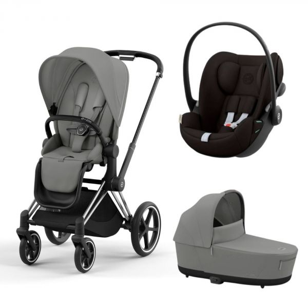 Poussette trio Priam 4 Mirage Grey châssis Chrome Black + Cloud G i-Size + Nacelle Luxe
