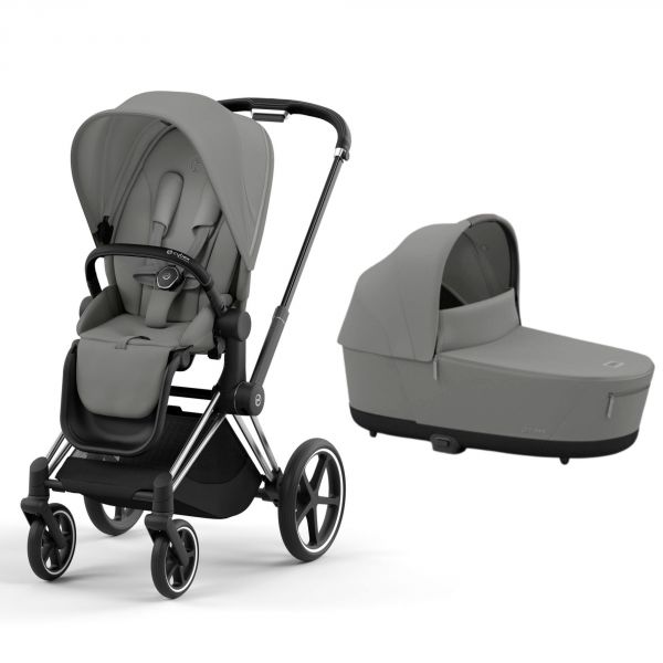 Poussette duo Priam 4 Mirage Grey châssis Chrome Black + Nacelle Luxe
