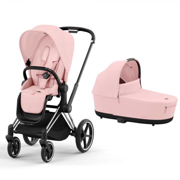 Poussette duo Priam 4 Peach Pink châssis Chrome Black + Nacelle Luxe