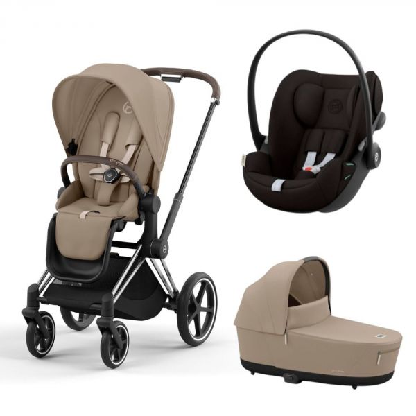 Poussette trio Priam 4 Cozy Beige châssis Chrome Brown + Cloud G i-Size + Nacelle Luxe