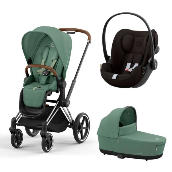 Poussette trio Priam 4 Leaf Green châssis Chrome Brown + Cloud G i-Size + Nacelle Luxe