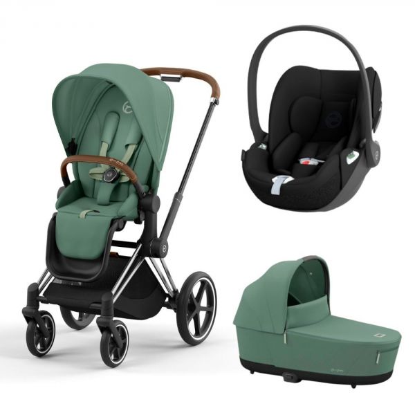 Poussette trio Priam 4 Leaf Green châssis Chrome Brown + Cloud T i-Size + Nacelle Luxe