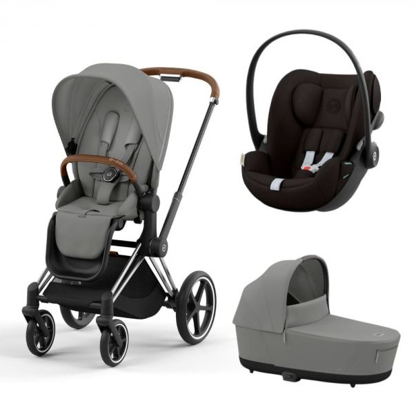Poussette trio Priam 4 Mirage Grey châssis Chrome Brown + Cloud G i-Size + Nacelle Luxe