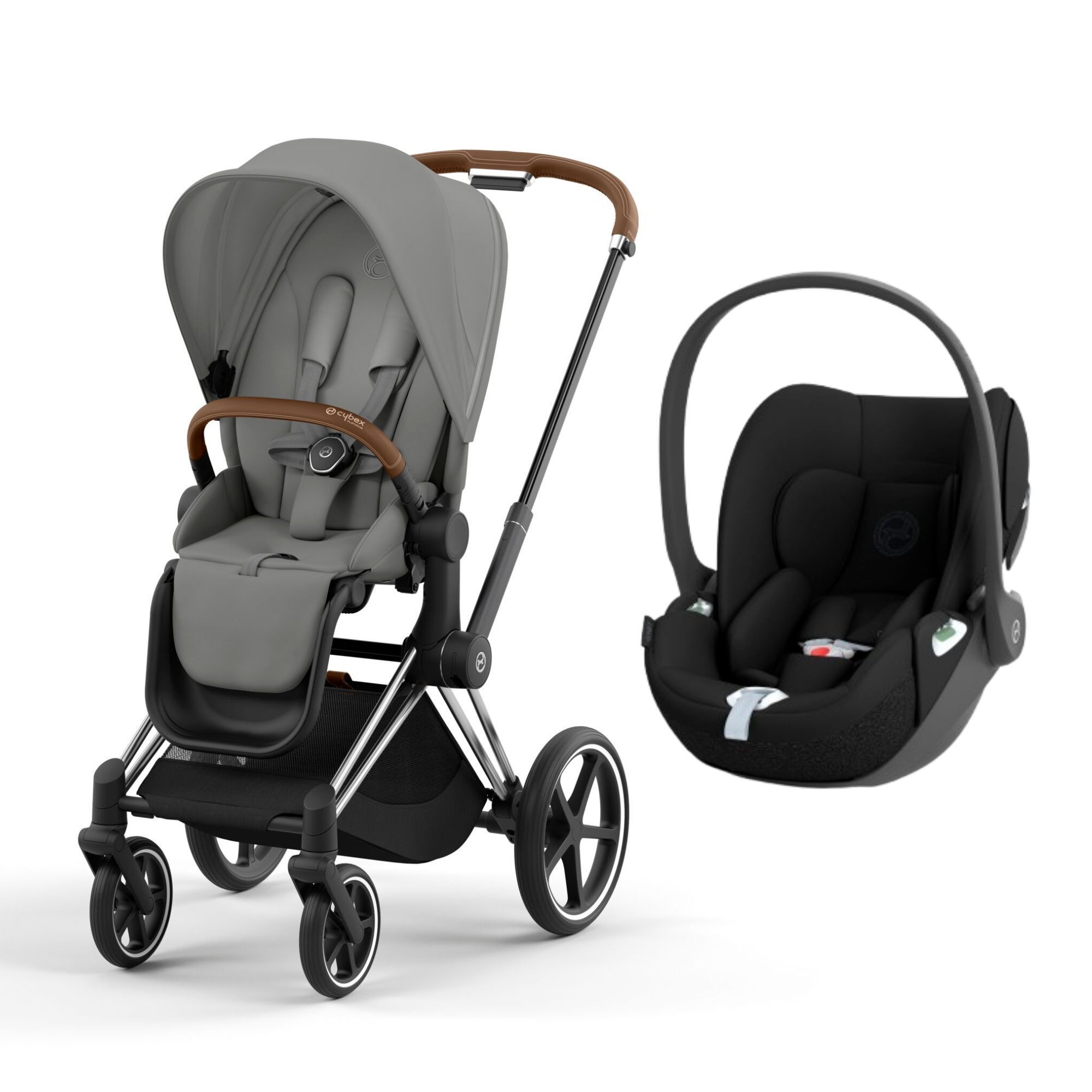 Poussette duo Priam 4 Mirage Grey chassis Chrome Brown Siege auto Cloud T i Size