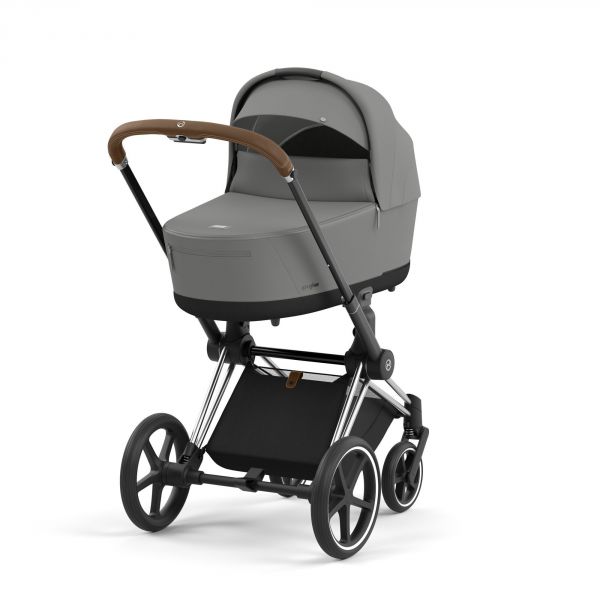 Poussette duo Priam 4 Mirage Grey châssis Chrome Brown + Nacelle Luxe