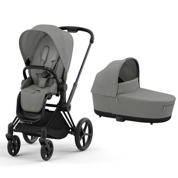 Poussette duo Priam 4 Mirage Grey châssis Matt Black + Nacelle Luxe