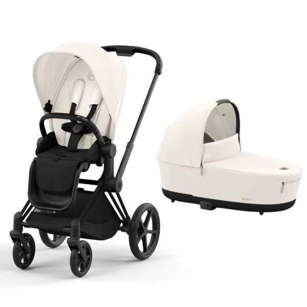 Poussette duo Priam 4 Off White châssis Matt Black + Nacelle Luxe