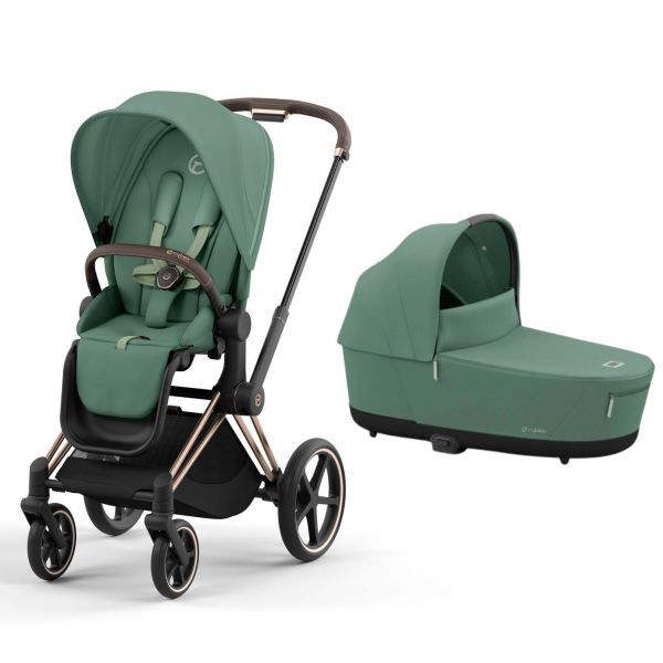 Poussette duo Priam 4 Leaf Green châssis Rose Gold + Nacelle Luxe