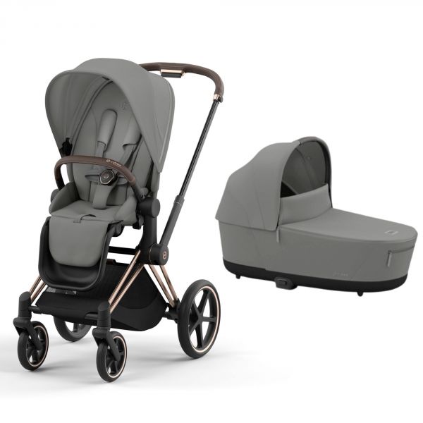 Poussette duo Priam 4 Mirage Grey châssis Rose Gold + Nacelle Luxe