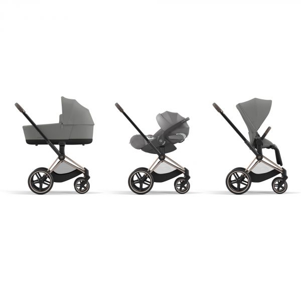 Poussette duo Priam 4 Mirage Grey châssis Rose Gold + Nacelle Luxe