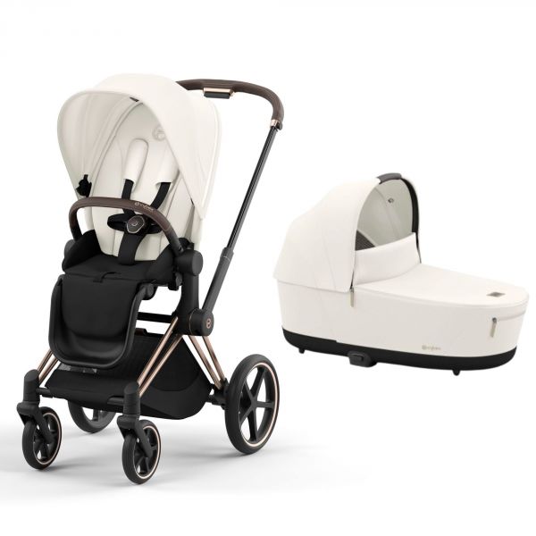 Poussette duo Priam 4 Off White châssis Rose Gold + Nacelle Luxe