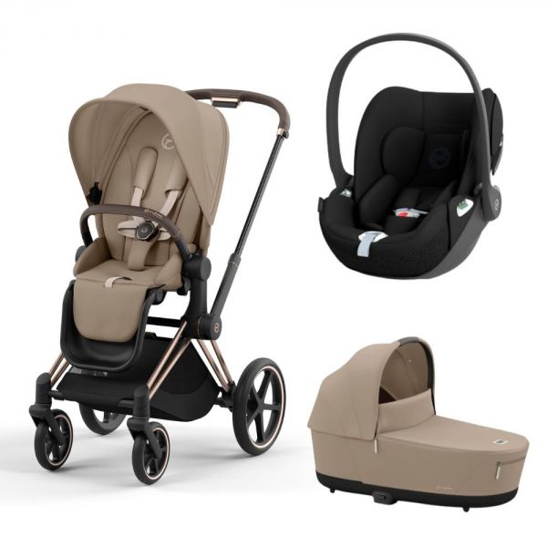 Poussette trio Priam 4 Cozy Beige châssis Rose Gold + Cloud T i-Size + Nacelle Luxe