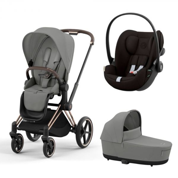 Poussette trio Priam 4 Mirage Grey châssis Rose Gold + Cloud G i-Size + Nacelle Luxe