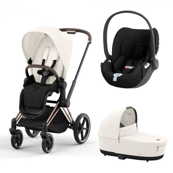 Poussette trio Priam 4 Off White châssis Rose Gold + Cloud T i-Size + Nacelle Luxe