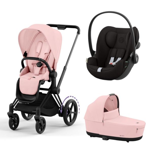 Poussette trio E-Priam 2 Matt Black Habillage Peach Pink + Siège auto Cloud G i-Size + Nacelle Peach Pink