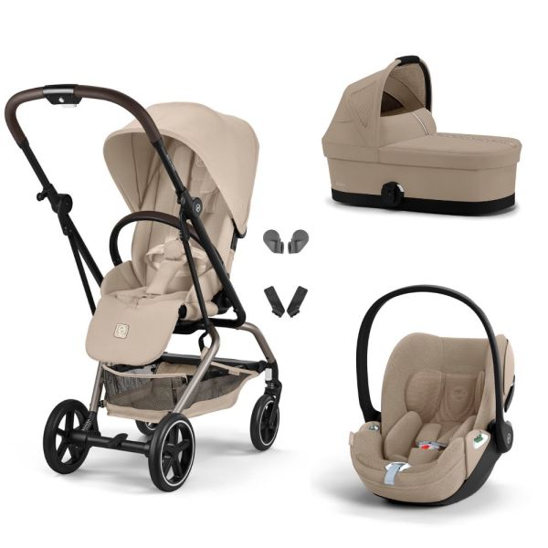 Poussette trio Eezy S Twist+ 2 pivotante Almond Beige avec nacelle Cot S et siège auto Cloud T i-Size Tissu Plus
