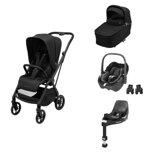 Poussette trio Leona² + siège auto Pebble 360 + nacelle Sense Black + Base FamilyFix 360