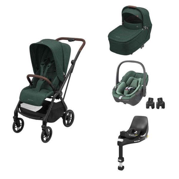 Poussette trio Leona² + siège auto Pebble 360 + nacelle Sense Green + Base FamilyFix 360