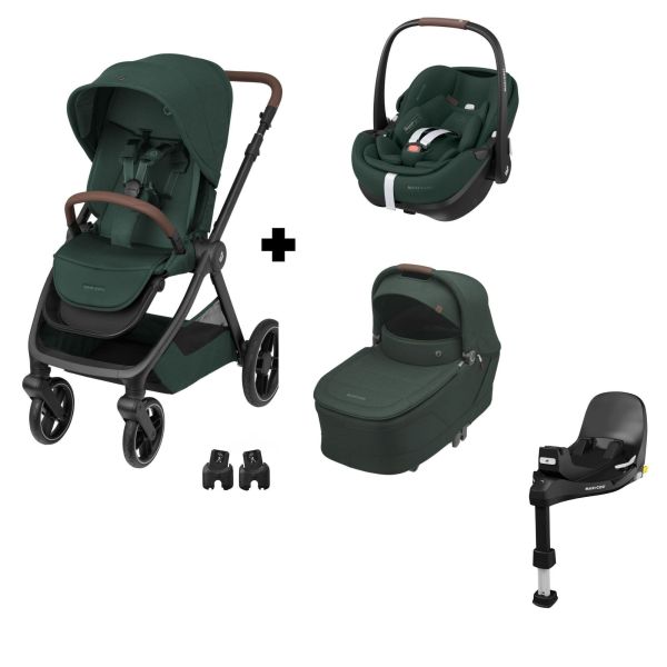 Poussette trio Oxford + Siège auto Pebble 360 Pro² + nacelle Sense Twillic Green + Base FamilyFix 360 pro