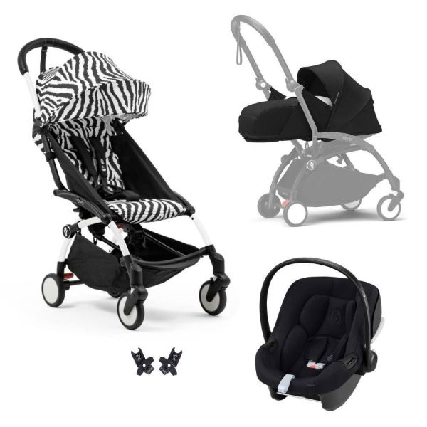 Poussette Trio YOYO 3 pack 0+ & 6+ et siège auto Aton B2 Black - Châssis Blanc - Zebra / Noir