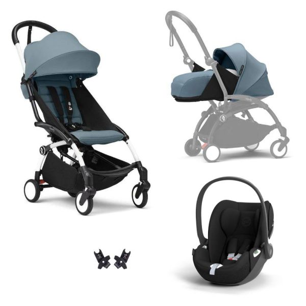 Poussette Trio YOYO 3 pack 0+ & 6+ + siège auto Cloud T Black - Châssis blanc - Aqua