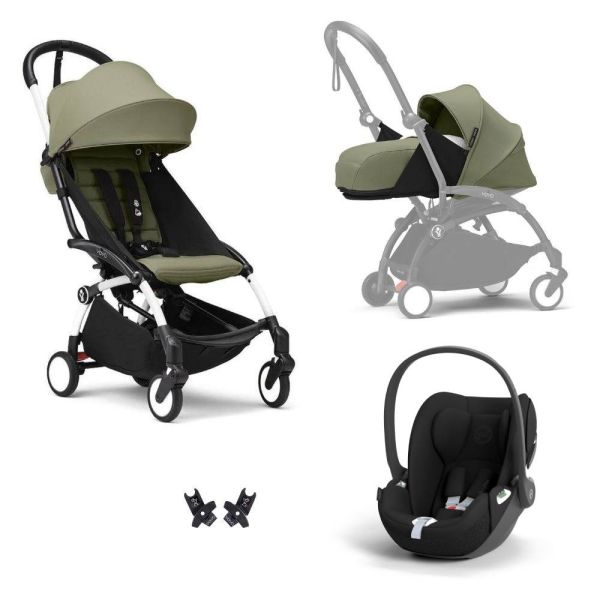 Poussette Trio YOYO 3 pack 0+ & 6+ + siège auto Cloud T Black - Châssis blanc - Olive