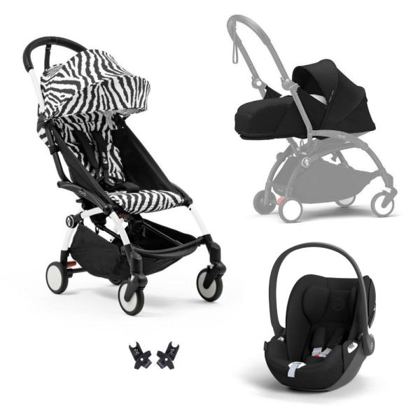 Poussette Trio YOYO 3 pack 0+ & 6+ + siège auto Cloud T Black - Châssis blanc - Zebra / Noir