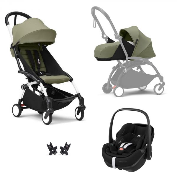 Poussette Trio YOYO³ pack 0+ et 6+ + siège auto Pebble 360 Pro²  Black - Châssis Blanc - Olive
