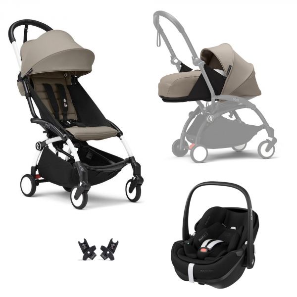Poussette Trio YOYO³ pack 0+ et 6+ + siège auto Pebble 360 Pro²  Black - Châssis Blanc - Taupe