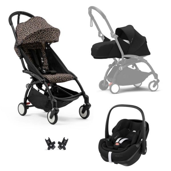Poussette Trio YOYO 3 pack 0+ & 6+ et siège auto Pebble 360 Pro²  Black - Châssis noir - Leopard / Noir