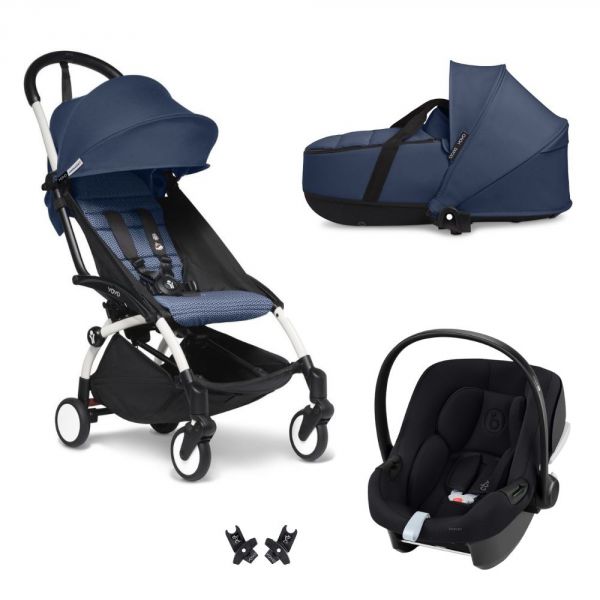 Poussette Trio YOYO 3 pack 6+ et siège auto Aton B2 Black + Nacelle - Chassis blanc - Bleu Air France