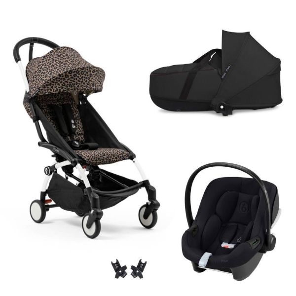 Poussette Trio YOYO 3 pack 6+ + siège auto Aton B2 Black + Nacelle - Chassis blanc - Leopard / Noir